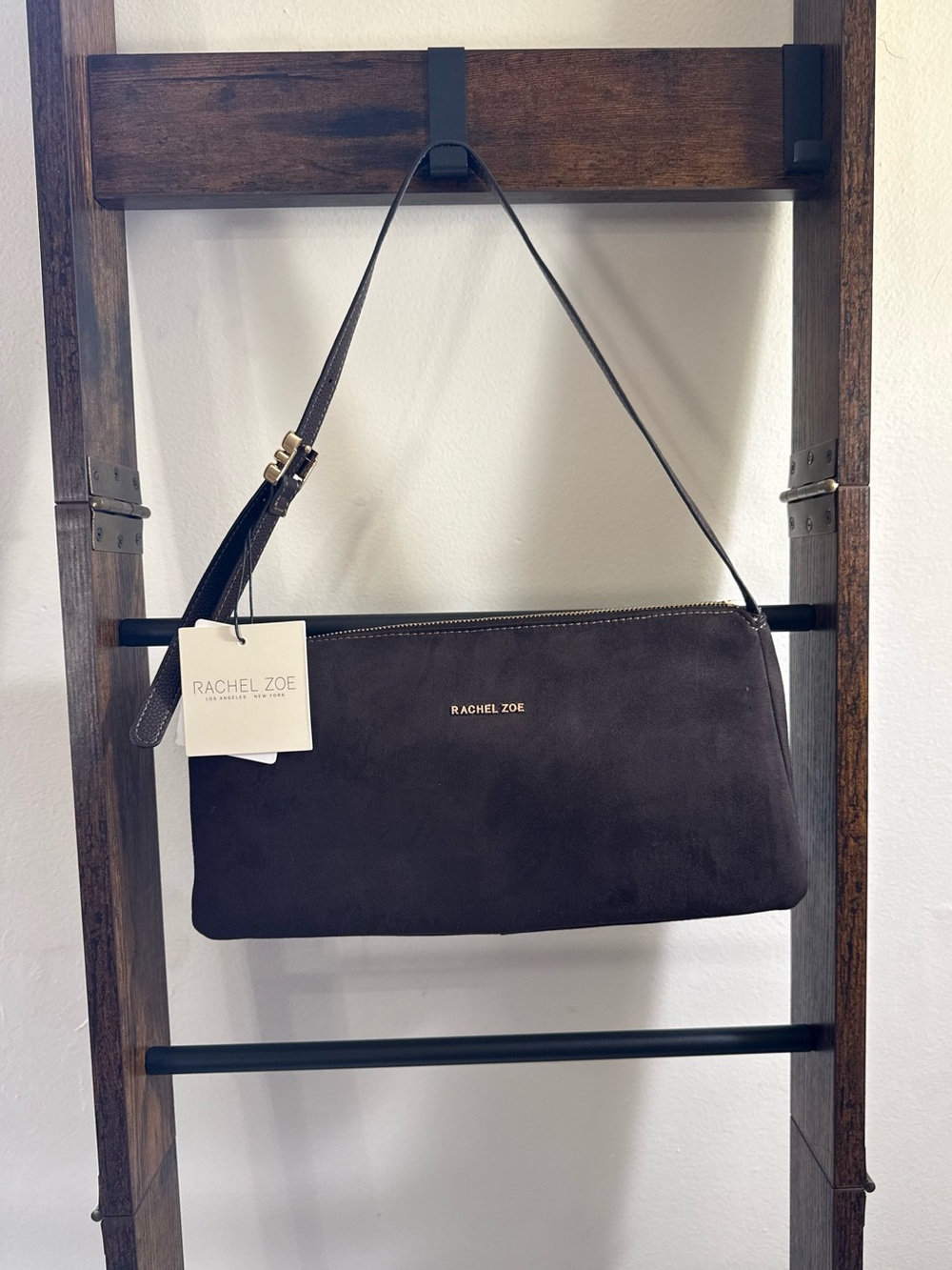 Rachel Zoe Chocolate Brown Suede Messenger Bag with Gold Accent